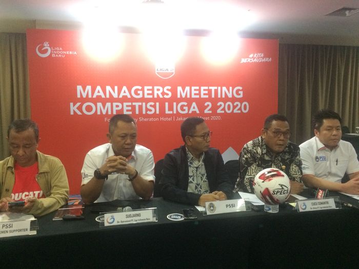 PT Liga Indonesia Baru (LIB) menggelar sesi jumpa pers setelah manajer meeting Liga 2 2020 di Hotel Four Points, Sudirman, Jakarta Pusat, Jumat (6/3/2020)