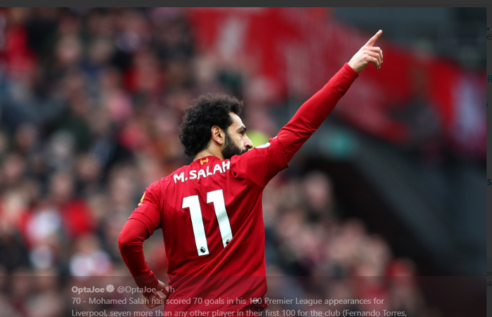 Striker asal Mesir, Mohamed Salah, merayakan gol yang dicetaknya untuk Liverpool.