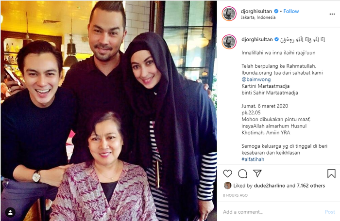 Sultan Djorghi menginformasikan kabar duka meninggalnya ibunda Baim Wong di Instagram pribadinya.