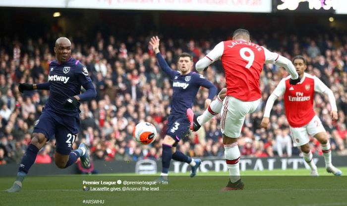 Alexandre Lacazette mencetak gol kemenangan atas West Ham pada pekan ke-29 Liga Inggris, Sabtu (7/3/2020).