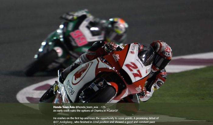 Aksi pembalap asal Indonesia, Andi Gilang, pada seri perdana Moto2 2020 di Sirkuit Losail, Qatar, Minggu (8/3/2020)