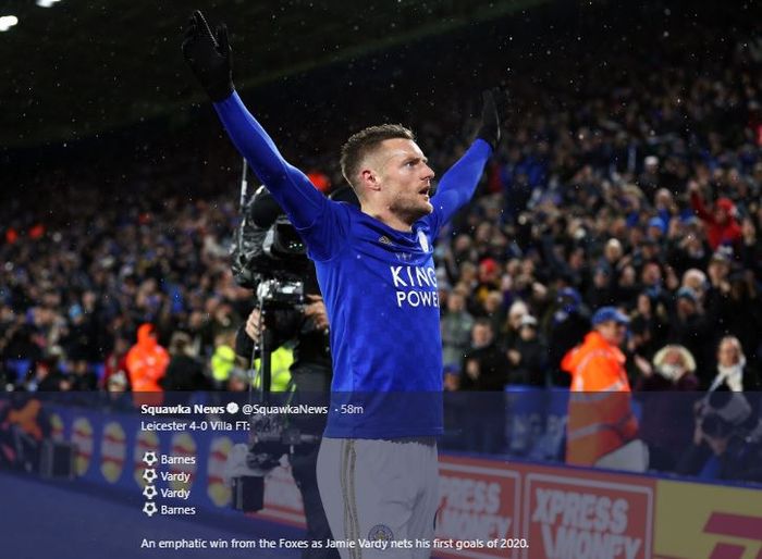 Ekspresi Jamie Vardy setelah mencetak gol ke gawang Aston Villa, Senin (9/3/2020).