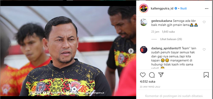 komentar  i gede sukadana dalam laman resmi instagram Kalteng Putra
