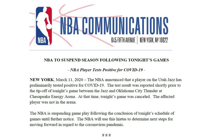 Pernyataan NBA setelah mereka secara resmi menghentikan sementara waktu musim 2020, Kamis (12/3/2020).