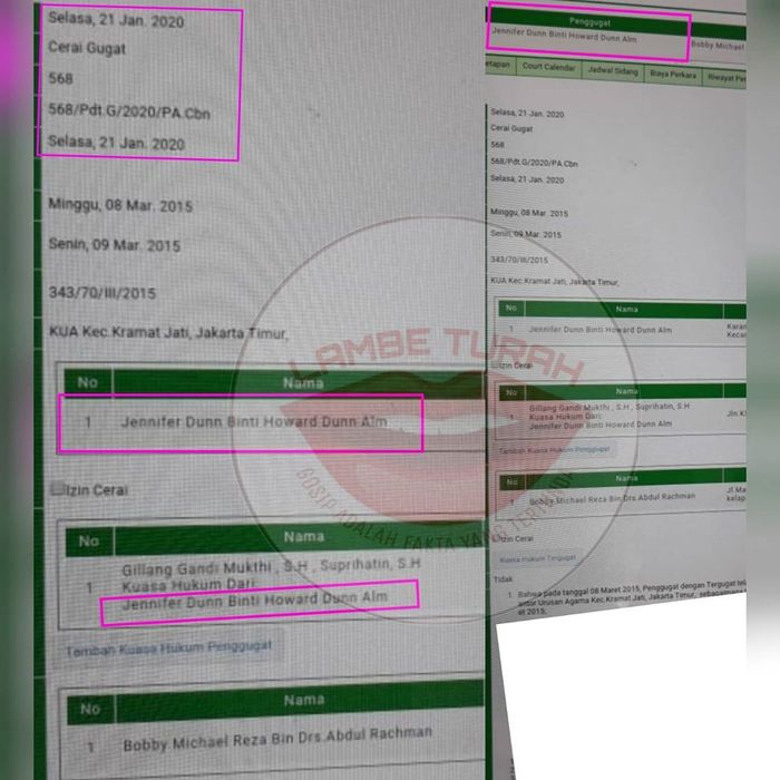 surat gugatan cerai Jennifer Dunn untuk Bobby Michael Reza
