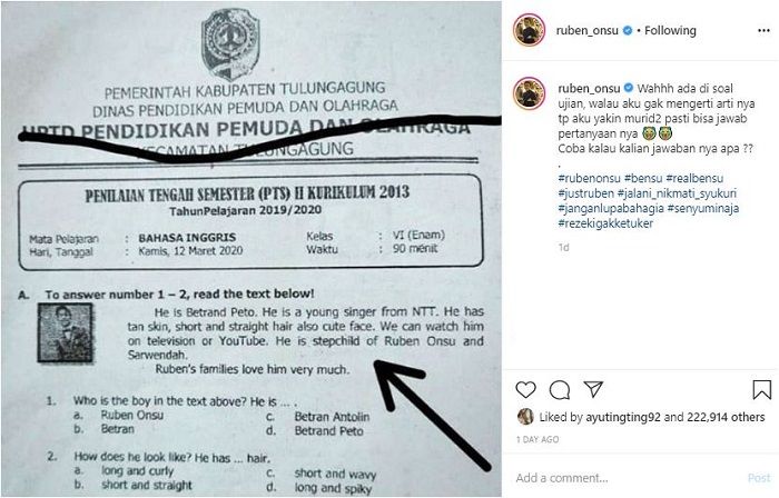 Instagram @ruben_onsu__
Postingan Ruben Onsu yang memperlihatkan nama Betrand Peto keluar di soal ujian anak SD