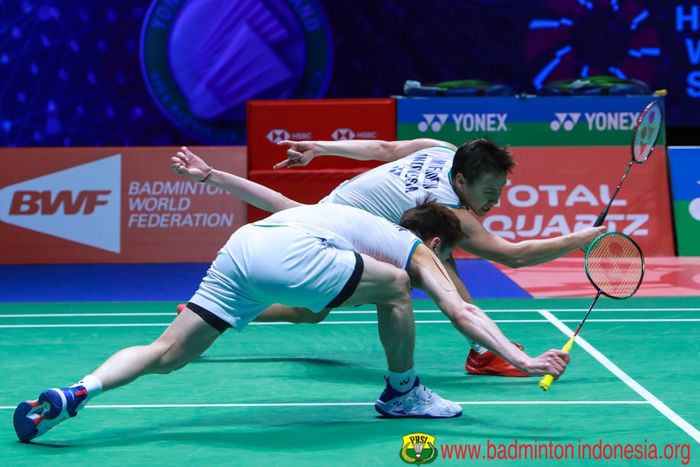 Ganda putra Indonesia, Kevin Sanjaya Sukamuljo/Marcus Fernaldi Gideon di final All England Open 2020.