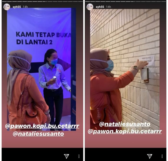 Aisyahrani membagikan suasana di pintu masuk ke Pawon Kopi Bu Cetar, resto milik Syahrini - Reino Barack yang telah dijaga oleh seorang perempuan yang mengenakan masker.