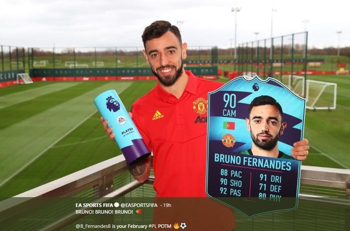 Bruno Fernandes memperoleh penghargaan Pemain Terbaik Liga Inggris Februari 2020, Minggu (15/3/2020) waktu setempat.