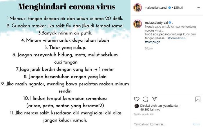 Postingan Instagram Maia Estianty yang berisi imbauan hidup sehat di tengah wabah virus corona.
