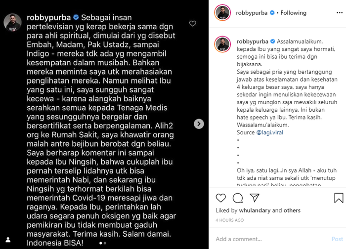 Ungkapan kekecewaan Robby Purba terhadap Ningsih Tinampi instagram @robbypurba
