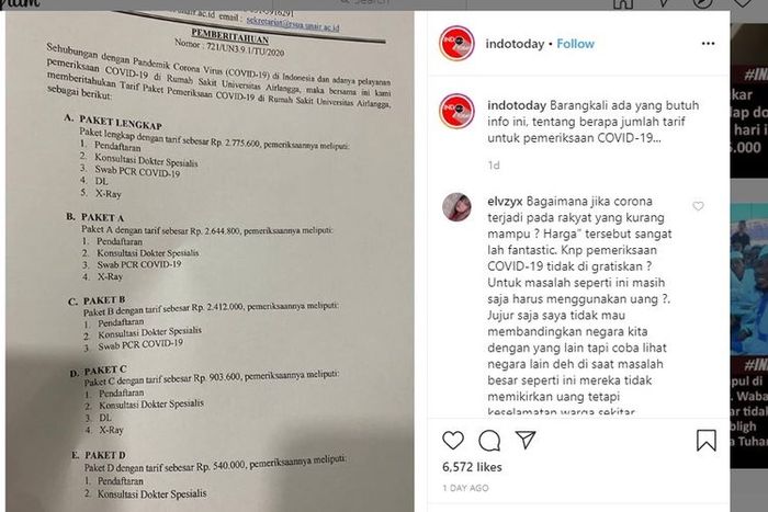 Unggahan biaya pemeriksaan di Rumah Sakit Universitas Airlangga bikin heboh warga