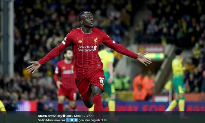 Winger Liverpool, Sadio Mane, melakukan selebrasi saat melawan Norwich City dalam laga Liga Inggris.