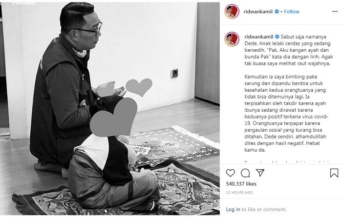 Postingan Ridwan Kamil bersama seorang bocah yang kedua orang tuanya terinfeksi virus corona
