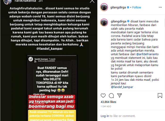 Hujatan netizen yang diunggah Gilang Dirga.