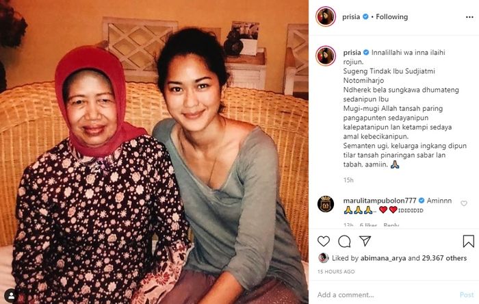 Ucapan belasungkawa Prisia Nasution untuk meninggalnya ibunda Pesiden JokowiInstagram @jokowi