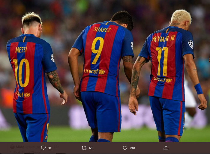 Trio penyerang Barcelona (Messi, Suarez, Neymar) saat masih bersama.