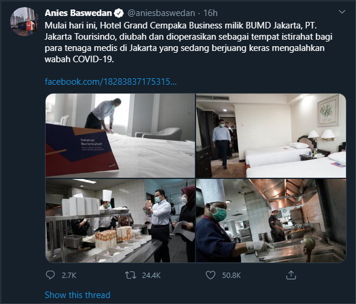 Cuitan Anies Baswedan saat menyiapkan kamar hotel untuk istirahat para tenaga medis