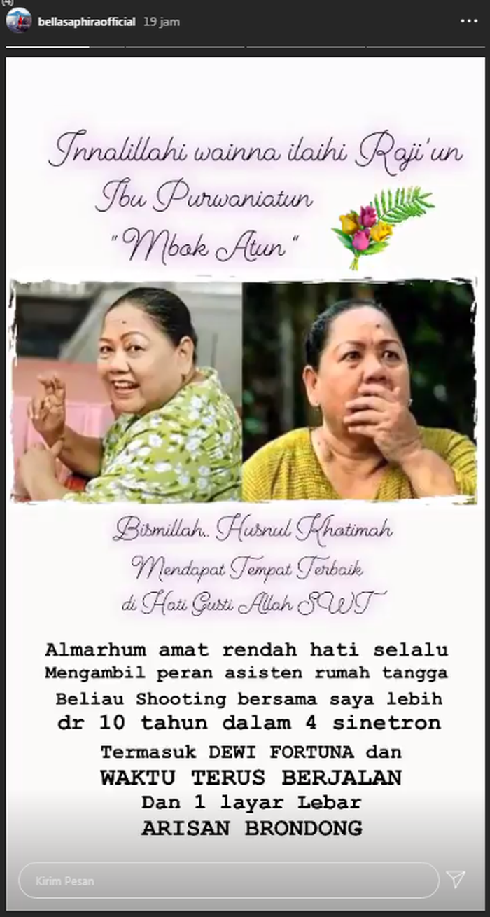 Bella Sapgira ikut berbelasungkawa meninggalnya Purwaniatun