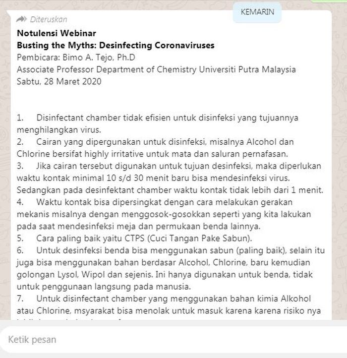Pesan berantai Notulensi Webinar mengenai bilik disinfeksi.