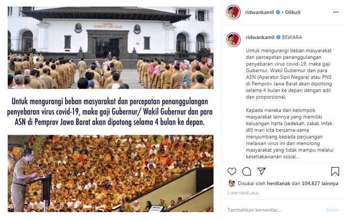 Gubernur Jawa Barat Ridwan Kamil umumkan akan potong gaji seluruh ASN Jawa Barat untuk penanggulangan virus corona.