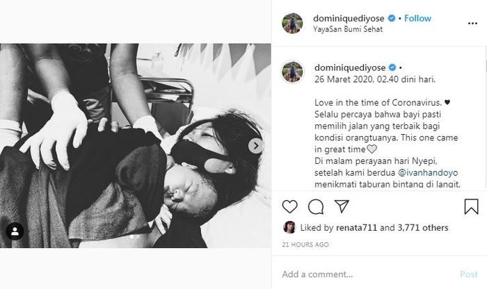 Dominique Diyose melahirkan buah hati ketiga di kala wabah virus corona