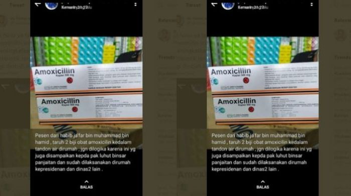 Pesan yang menyatakan bahwa amoxicillin diletakkan di dalam tandon air.