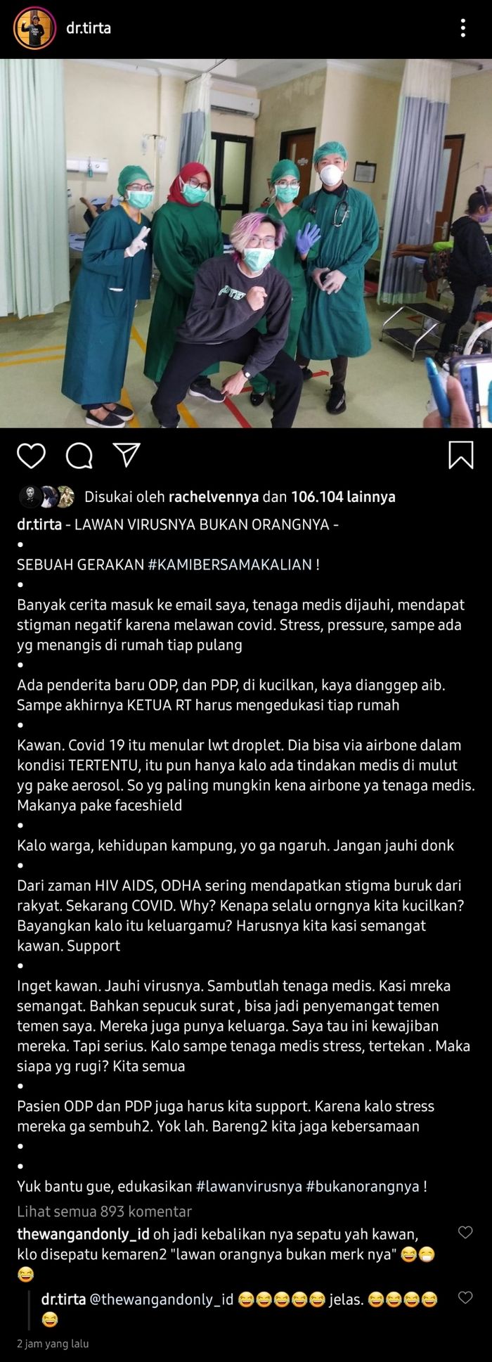 Dokter Tirta mengajak masyarakat untuk tak menjauhi para petugas medis yang tengah berjuang menangani <a href='https://batam.tribunnews.com/tag/pasien' title='pasien'>pasien</a> virus corona.