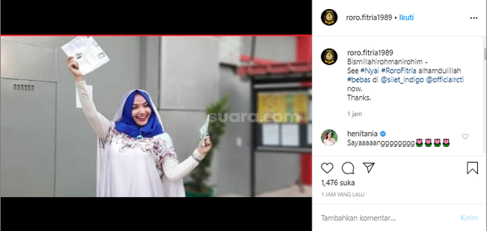 Tangkap layar Roro Fitria bebas dari penjara