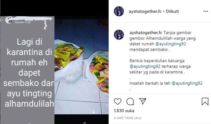 updatean status menyebut jika dirinya mendapat sembako dari Ayu Ting Ting.