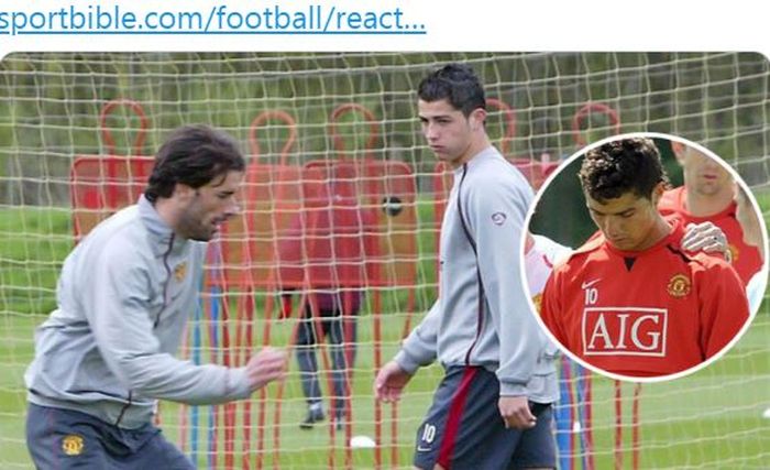 Ruud van Nistelrooy dan Cristiano Ronaldo menjalani latihan bersama saat masih berseragam Manchester United.