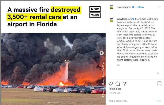 Kebakaran yang hancurkan lebih dari 3.500 mobil sewaan di Bandara Florida. (Instagram @nowthisnews)