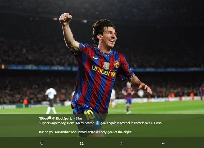 Megabintang Barcelona, Lionel Messi, berhasil merayakan golnya saat menghadapi Arsenal pada kompetisi Liga Champions, Selasa (6/4/2010) waktu setempat.
