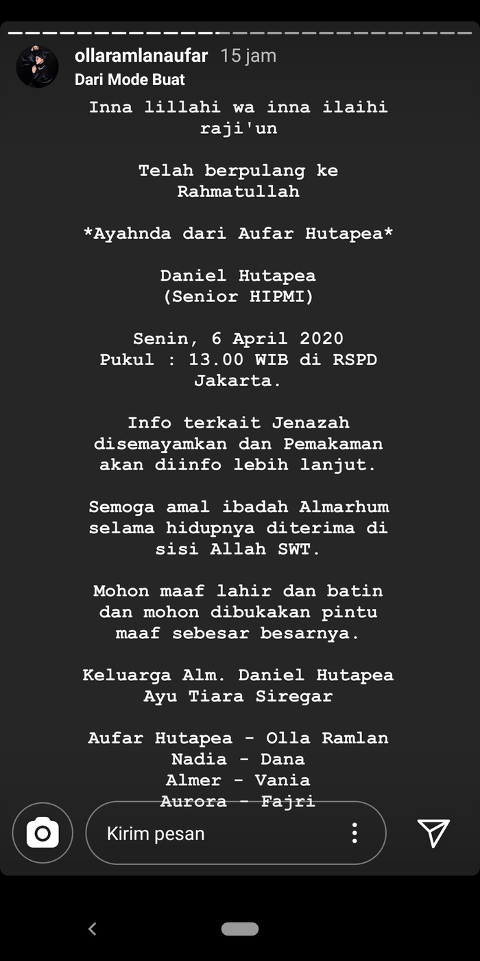 Olla Ramlan umumkan ayah mertuanya meninggal.