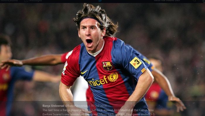 Ekspresi bintang Barcelona, Lionel Messi, saat merayakan gol.