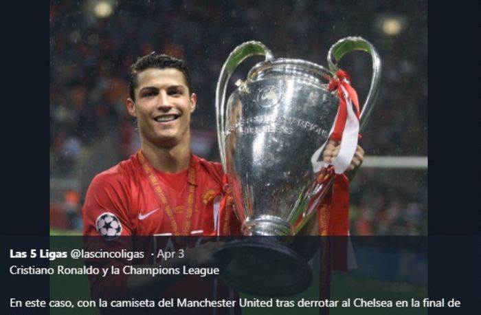 Cristiano Ronaldo saat menjuarai  Liga Champions musim 2007-2008 bersama Manchester United.
