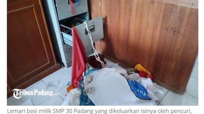 Lemari besi milik <a href='https://style.tribunnews.com/tag/smp' title='SMP'>SMP</a> 30 <a href='https://style.tribunnews.com/tag/padang' title='Padang'>Padang</a> yang dikeluarkan isinya oleh pencuri, Selasa (7/4/2020).
