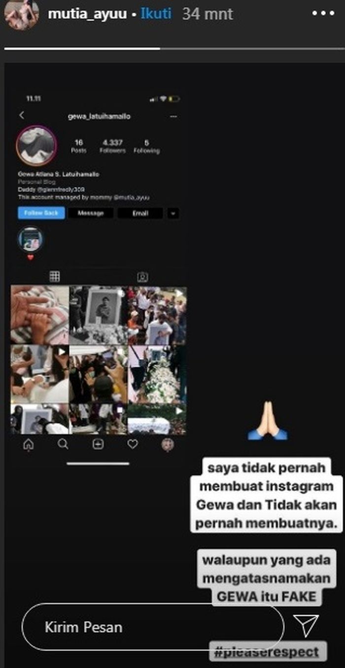 Unggahan Instagram Story Mutia Ayu