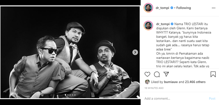 Unggahan Tompi tentang Trio Lestari