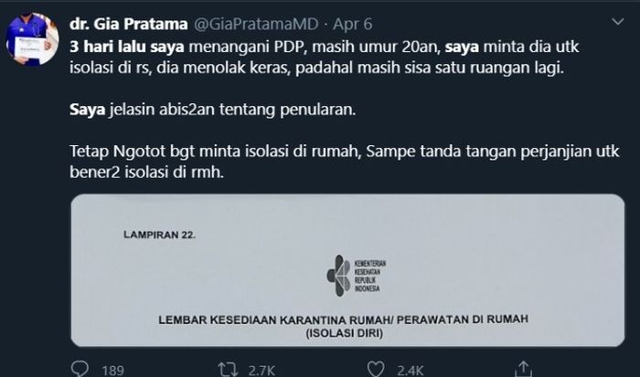 Cuitan Dr Gia Pratama, Senin (6/4/20).