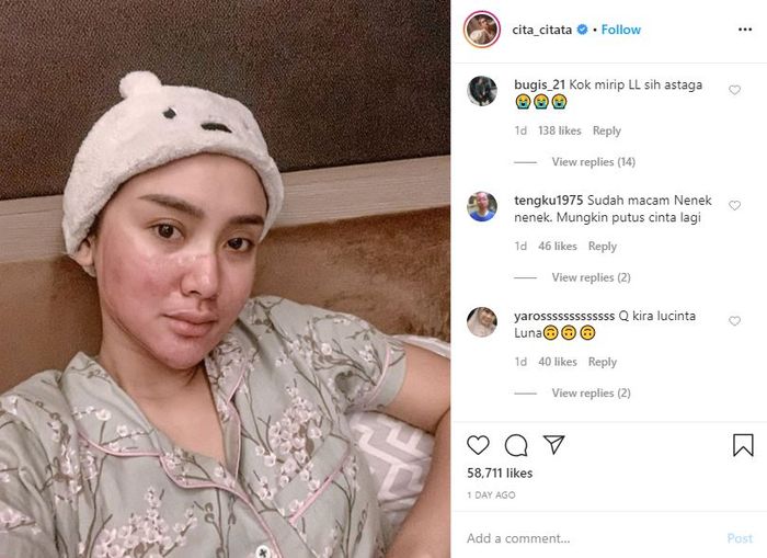 Komentar netizen yang salah fokus hingga mengira Lucinta Luna saat Cita Citata mengupdate kegiatannya selama #DiRumahAja tanpa menggunakan makeup. 