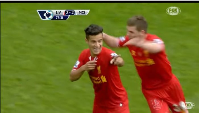 Philippe Coutinho merayakan gol dalam laga Liverpool vs Manchester City, 13 April 2014.