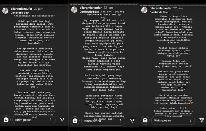 Unggahan artis Olla Ramlan terkait pandemi COvid-19 yang melanda dunia.