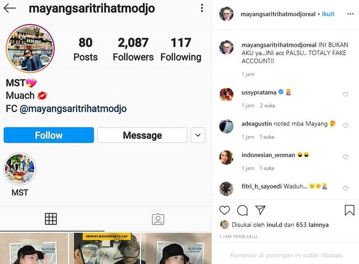 Mayangsari meradang ada akun palsu memakai namanya 