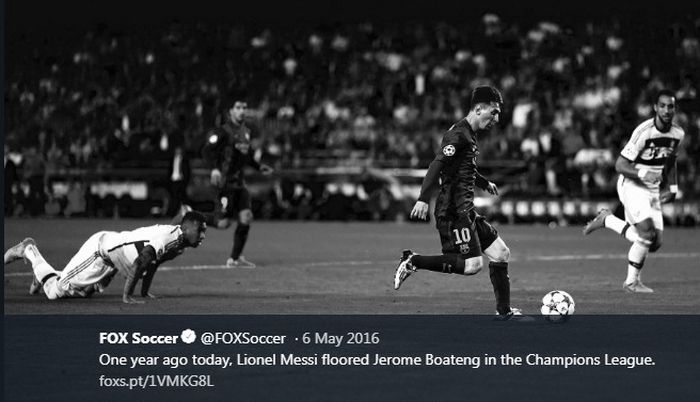 TWITTER.COM/FOXSPORTS__ Jerome Boateng saat dipermalukan Lionel Messi dalam pertandingan Liga Champions 2015.