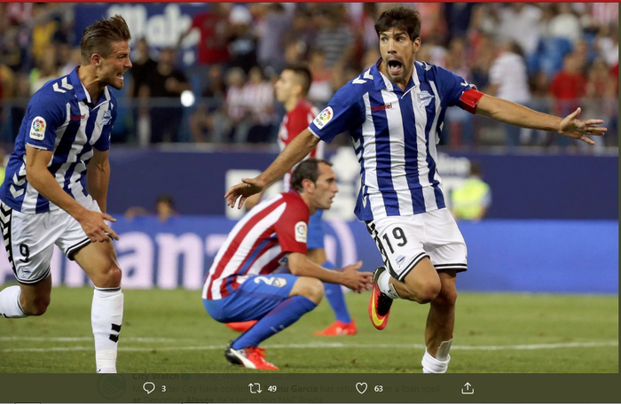 Manu Garcia (nomor 19) saat merayakan gol ke gawang Ateltico Madrid.