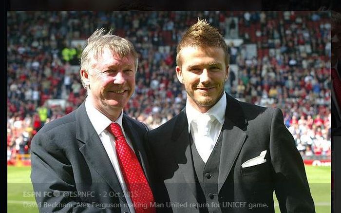 David Beckham (kanan) dan Sir Alex Ferguson, dua mantan tokoh sentral di Manchester United.