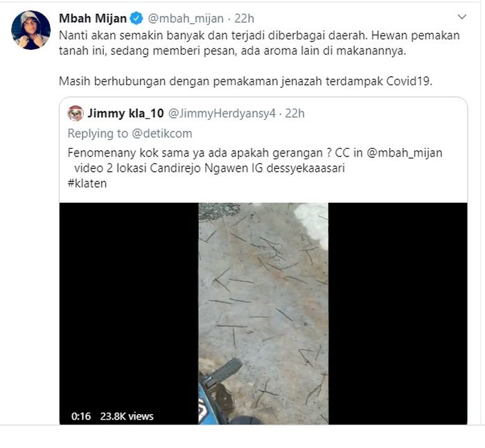 Mbah Mijan menduga kemunculan cacing-cacing ke permukaan di beberapa wilayah berkaitan dengan jenazah Covid-19