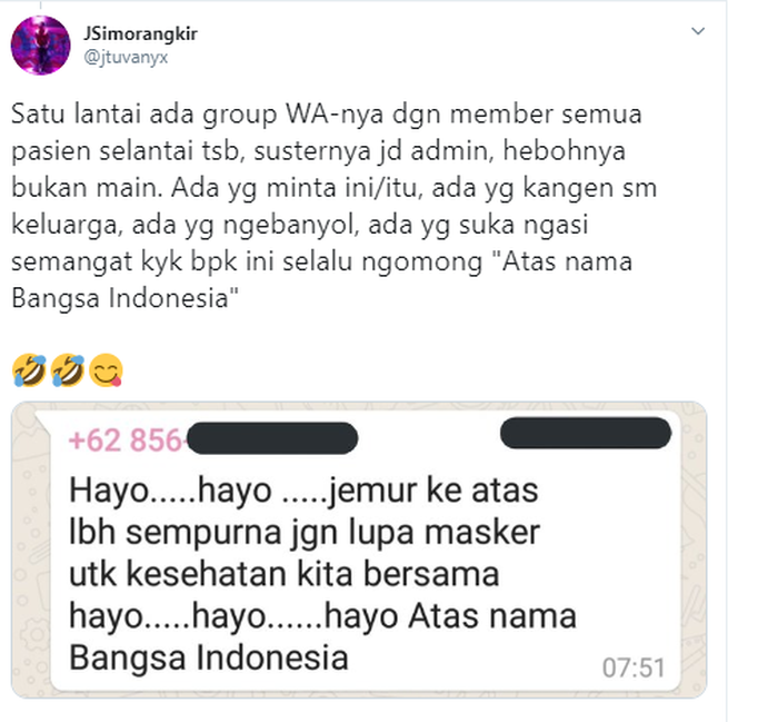 Cuitan pasien di Wisma Atlet Kemayoran.