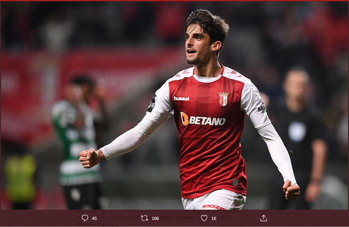 Calon pemain baru Barcelona, Francisco Trincao, saat membela SC Braga.